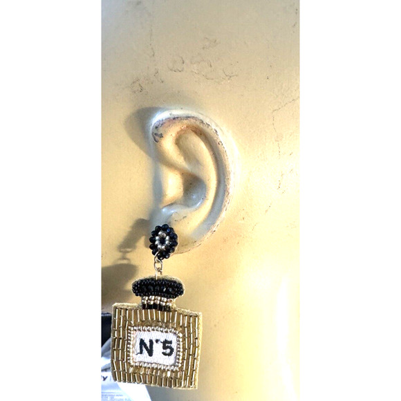 Beaded N5 Gold & Black Post Earrings Sexy 2.75" Drop Holiday Gifts Christmas - Picture 3 of 4